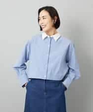 F6BAD19270 MICHEL KLEIN(小さいサイズ)(メゾン ドゥ サンク) [小さいサイズ][2WAY]クレリックオーバーサイズストライプシャツ ブルー