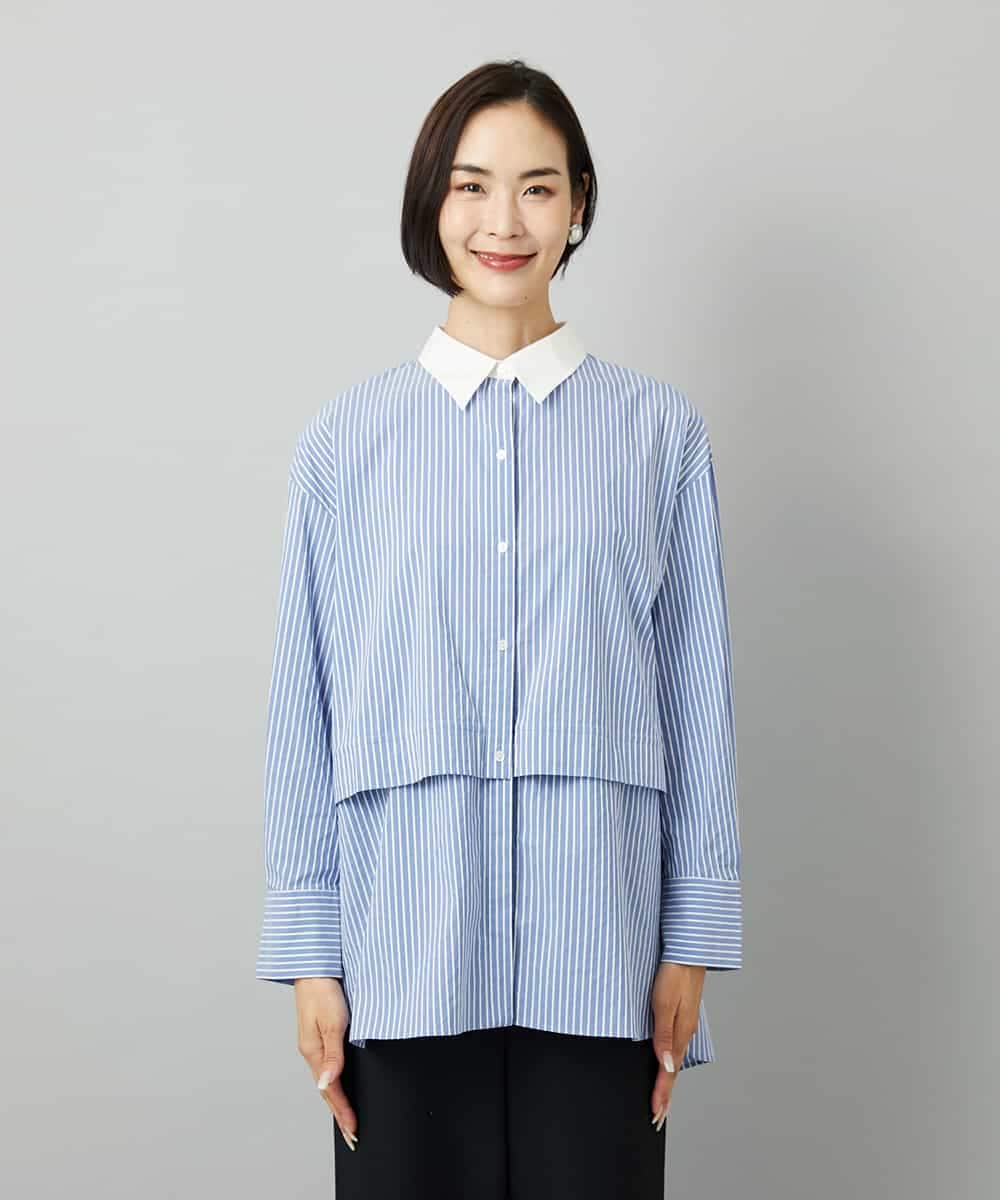 F6BAD19270 MICHEL KLEIN(小さいサイズ)(メゾン ドゥ サンク) [小さいサイズ][2WAY]クレリックオーバーサイズストライプシャツ ブルー