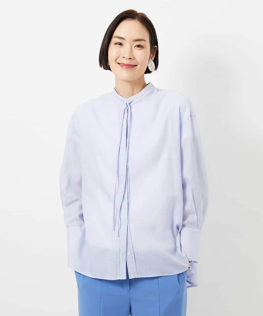 F6BDD05250 MICHEL KLEIN(小さいサイズ)(メゾン ドゥ サンク) [小さいサイズ]テンセルドビー細ボウタイブラウス ライトブルー