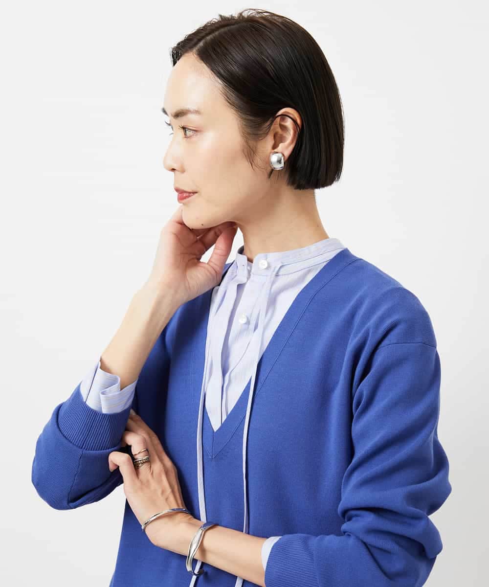 F6BDD05250 MICHEL KLEIN(小さいサイズ)(メゾン ドゥ サンク) [小さいサイズ]テンセルドビー細ボウタイブラウス ライトブルー