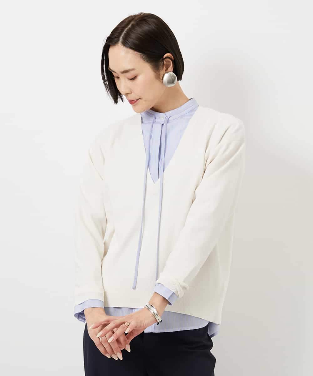 F6BDD05250 MICHEL KLEIN(小さいサイズ)(メゾン ドゥ サンク) [小さいサイズ]テンセルドビー細ボウタイブラウス ライトブルー