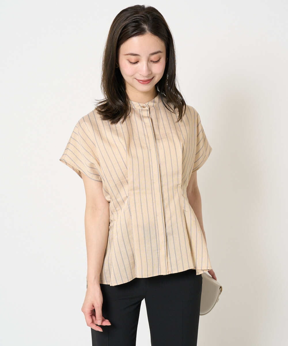 【未使用】Cloth＆Crossブラウス 小さいサイズ]ストライプ柄デザインタックブラウス(ブラウス