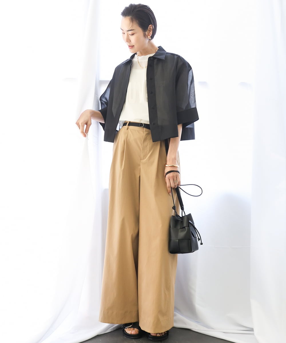 F6BGA06270 MICHEL KLEIN(小さいサイズ)(メゾン ドゥ サンク) [小さいサイズ]ボックスシルエットハーフスリーブシアーシャツ ブラウン