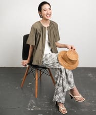 F6BGB07180 MICHEL KLEIN(小さいサイズ)(メゾン ドゥ サンク) [小さいサイズ]ギャザーブラウス 無地(ドライタッチ/セットアップ対応) カーキ