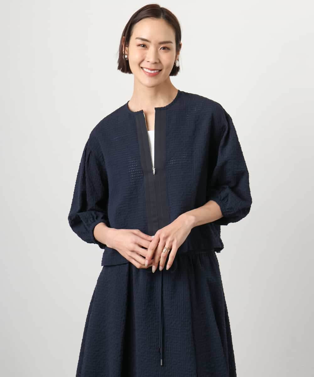 F6BGD05230 MICHEL KLEIN(小さいサイズ)(メゾン ドゥ サンク) [小さいサイズ][セットアップ対応]ワッフルボリュームスリーブブラウス ネイビー