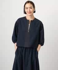 F6BGD05230 MICHEL KLEIN(小さいサイズ)(メゾン ドゥ サンク) [小さいサイズ][セットアップ対応]ワッフルボリュームスリーブブラウス ネイビー