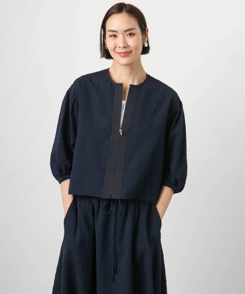 F6BGD05230 MICHEL KLEIN(小さいサイズ)(メゾン ドゥ サンク) [小さいサイズ][セットアップ対応]ワッフルボリュームスリーブブラウス ネイビー