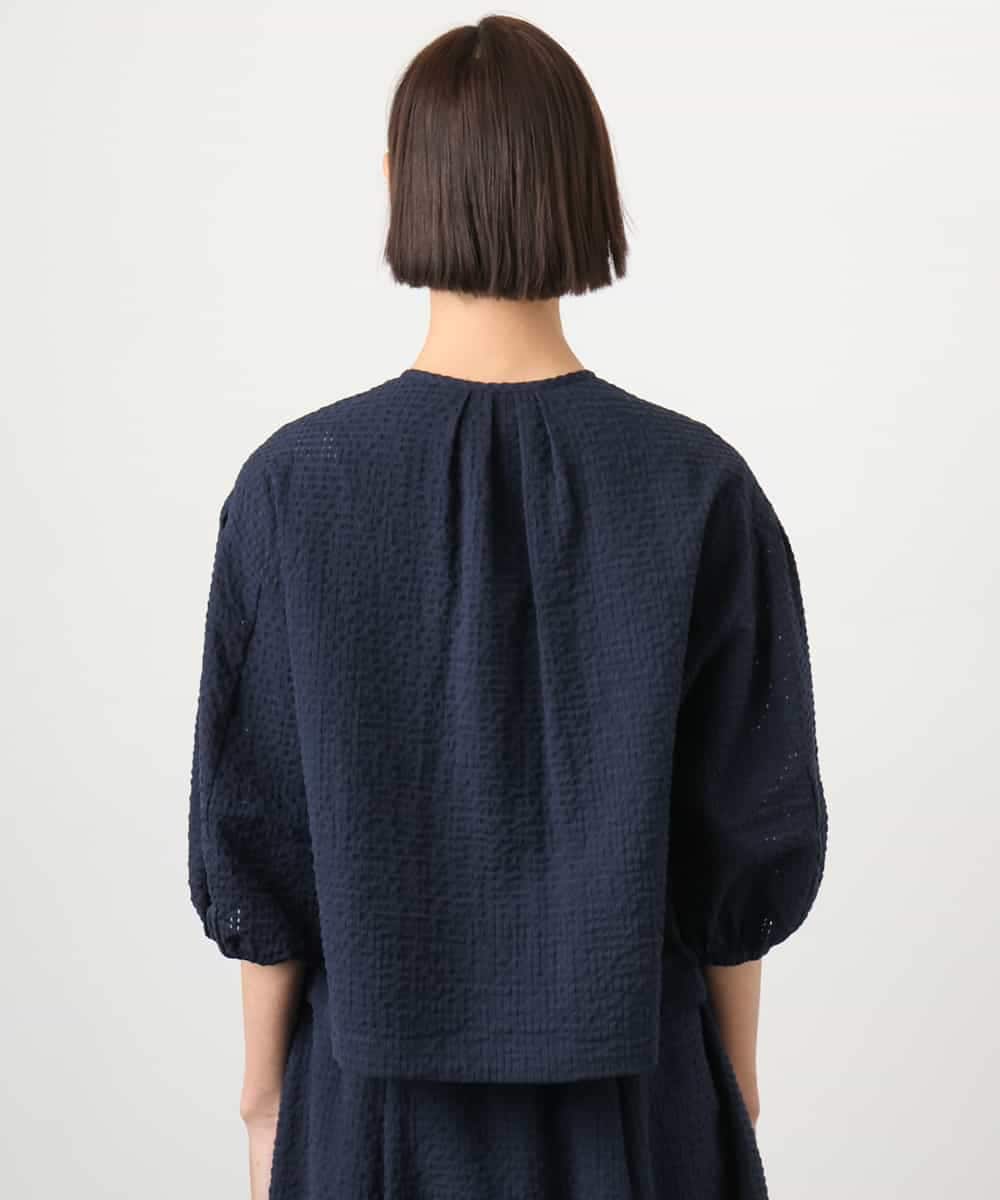 F6BGD05230 MICHEL KLEIN(小さいサイズ)(メゾン ドゥ サンク) [小さいサイズ][セットアップ対応]ワッフルボリュームスリーブブラウス ネイビー