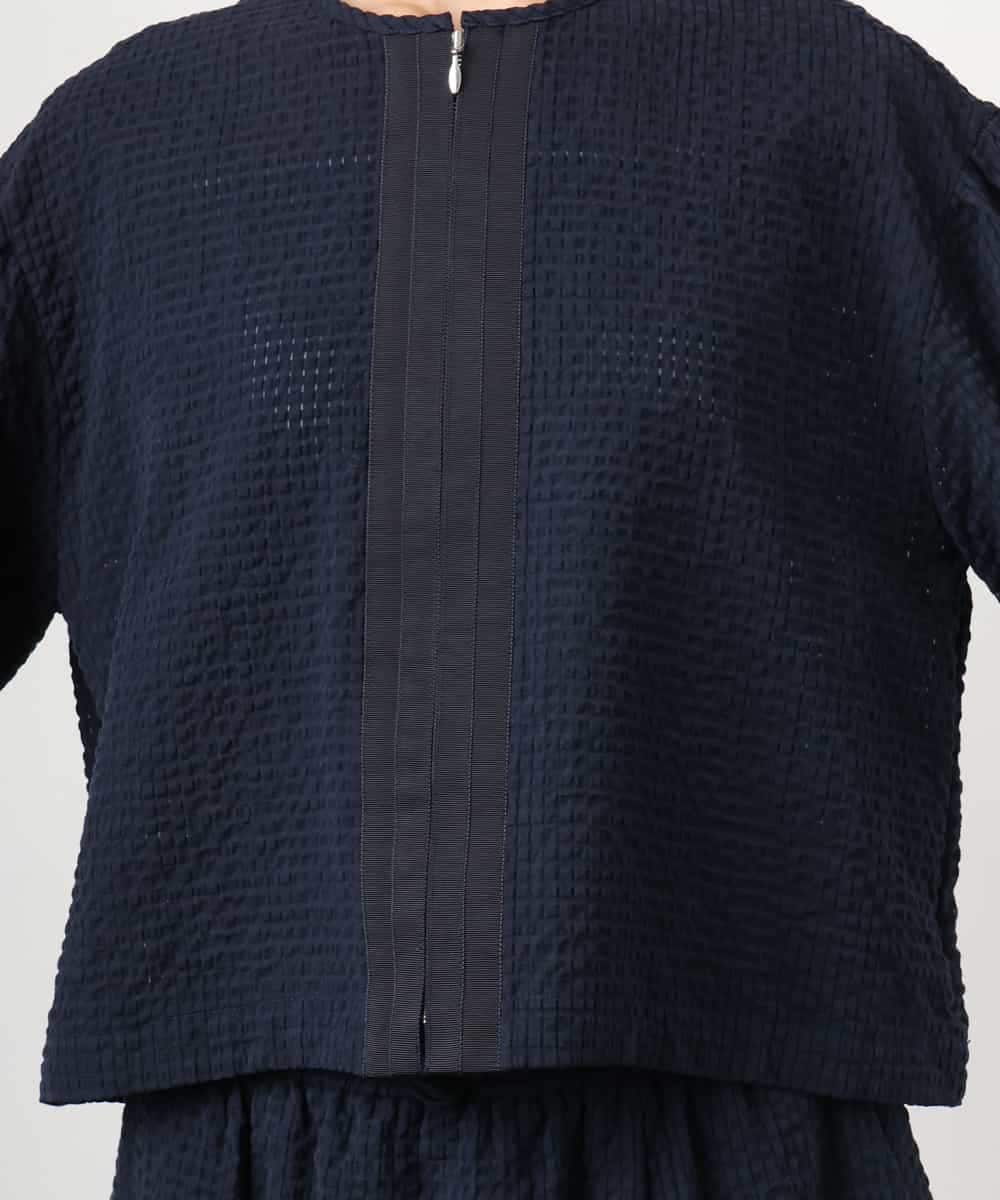 F6BGD05230 MICHEL KLEIN(小さいサイズ)(メゾン ドゥ サンク) [小さいサイズ][セットアップ対応]ワッフルボリュームスリーブブラウス ネイビー