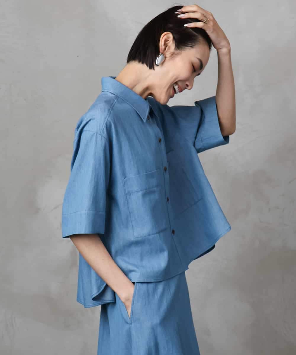 F6BHA07210 MICHEL KLEIN(小さいサイズ)(メゾン ドゥ サンク) [小さいサイズ]ライトオンスデニムシャツ(セットアップ対応) ライトブルー