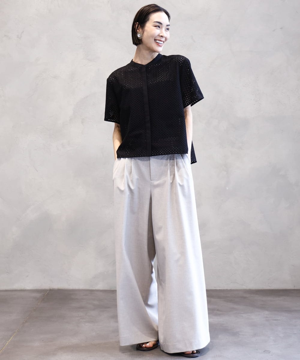 F6BHA18230 MICHEL KLEIN(小さいサイズ)(メゾン ドゥ サンク) [小さいサイズ]エンブロイダリーレースブラウス(セットアップ対応) ライトブルー