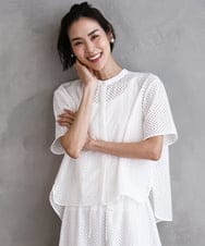 F6BHA18230 MICHEL KLEIN(小さいサイズ)(メゾン ドゥ サンク) [小さいサイズ]エンブロイダリーレースブラウス(セットアップ対応) ライトブルー