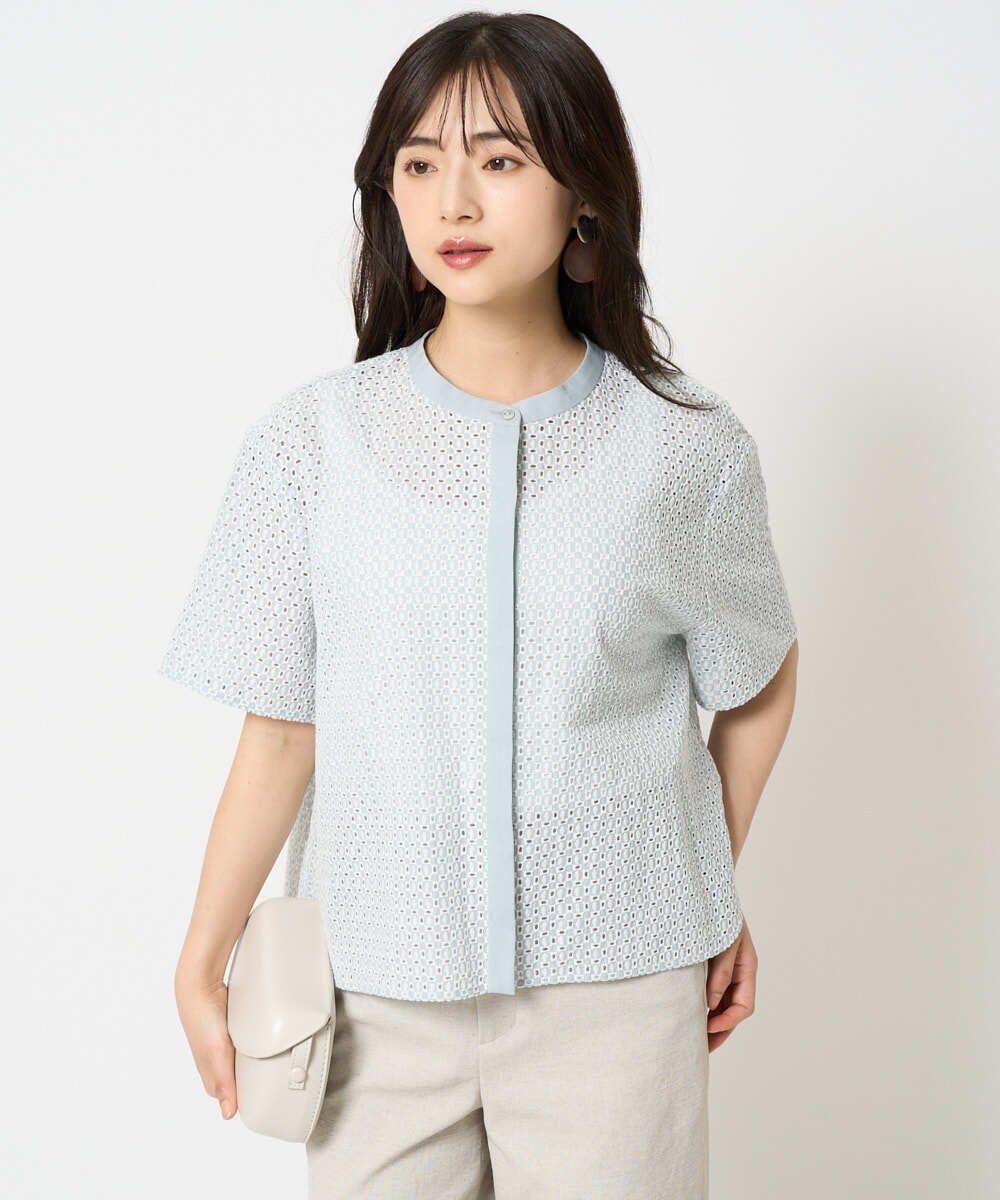F6BHA18230 MICHEL KLEIN(小さいサイズ)(メゾン ドゥ サンク) [小さいサイズ]エンブロイダリーレースブラウス(セットアップ対応) ライトブルー