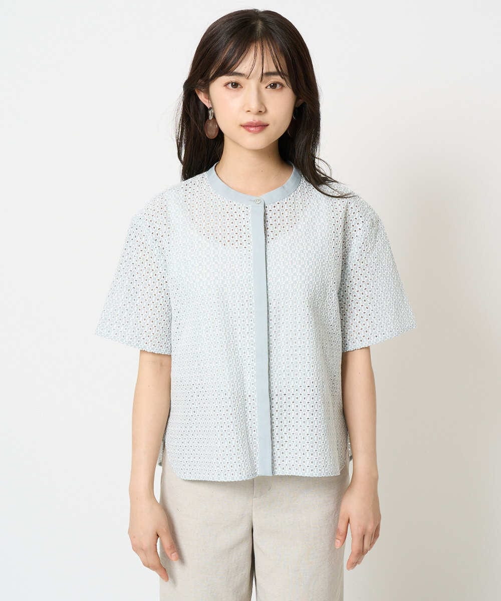 F6BHA18230 MICHEL KLEIN(小さいサイズ)(メゾン ドゥ サンク) [小さいサイズ]エンブロイダリーレースブラウス(セットアップ対応) ライトブルー