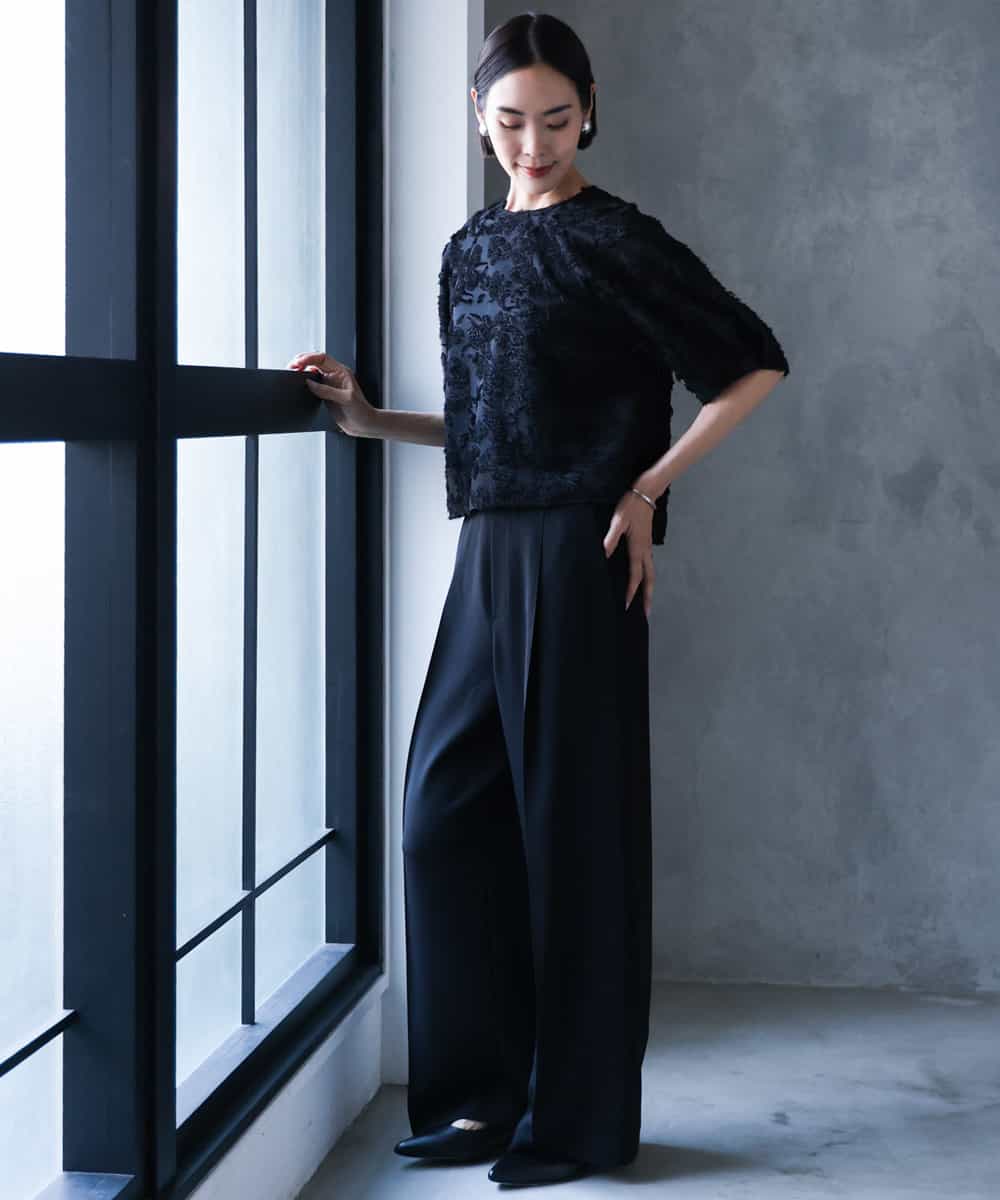 F6BHD05230 MICHEL KLEIN(小さいサイズ)(メゾン ドゥ サンク) 【小さいサイズ】[セットアップ対応]フラワージャカードブラウス ブラック