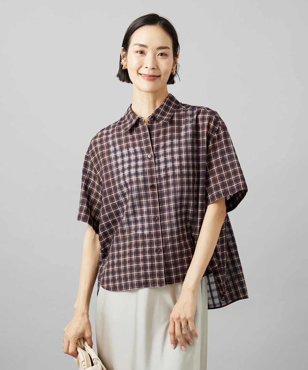 F6BHD06240 MICHEL KLEIN(小さいサイズ)(メゾン ドゥ サンク) [小さいサイズ]シアーチェックシャツ ブラウン