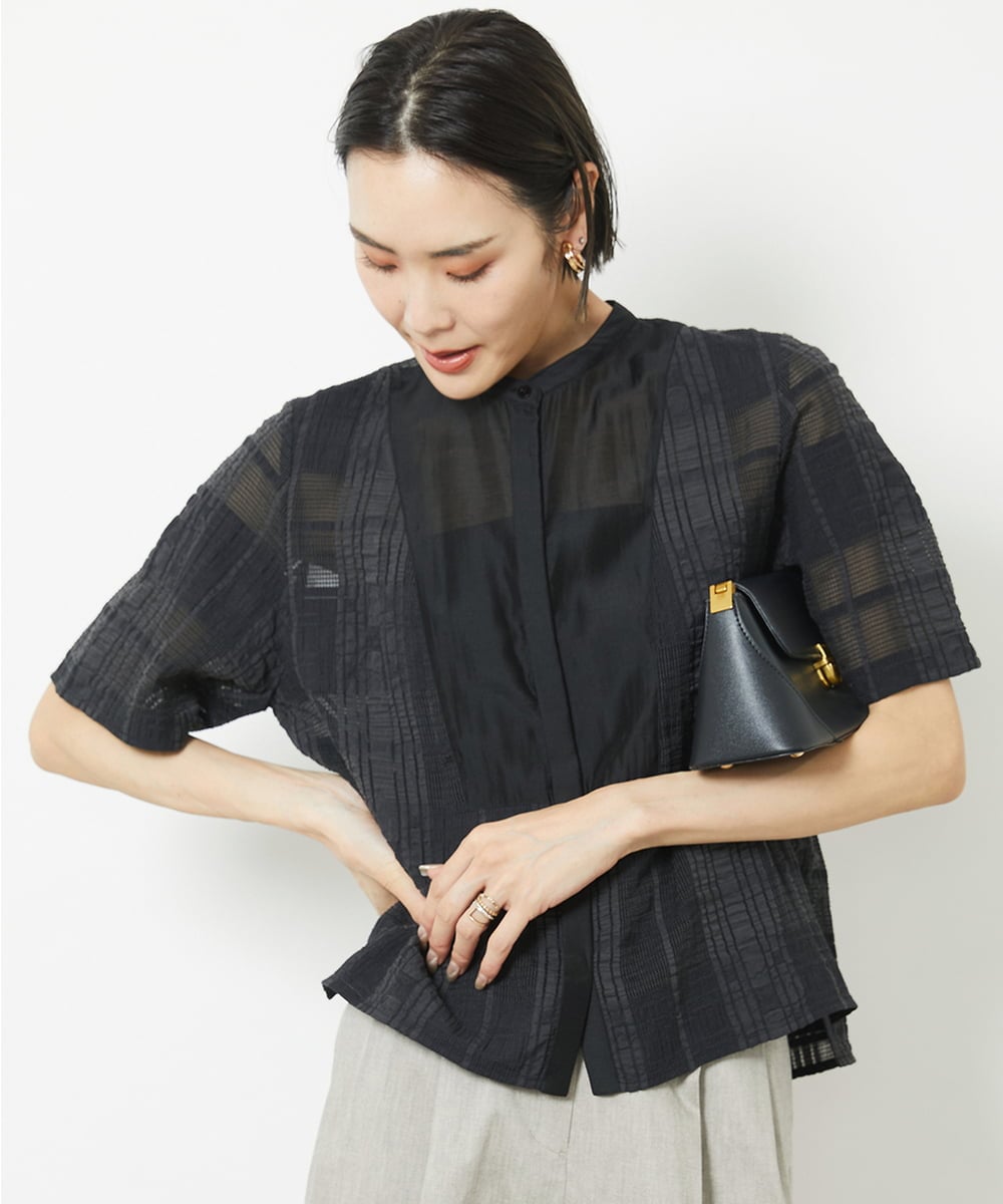 F6BHV51190 MICHEL KLEIN(小さいサイズ)(メゾン ドゥ サンク) [小さいサイズ]チェックジャカードレースブラウス(セットアップ対応) アイボリー(90)