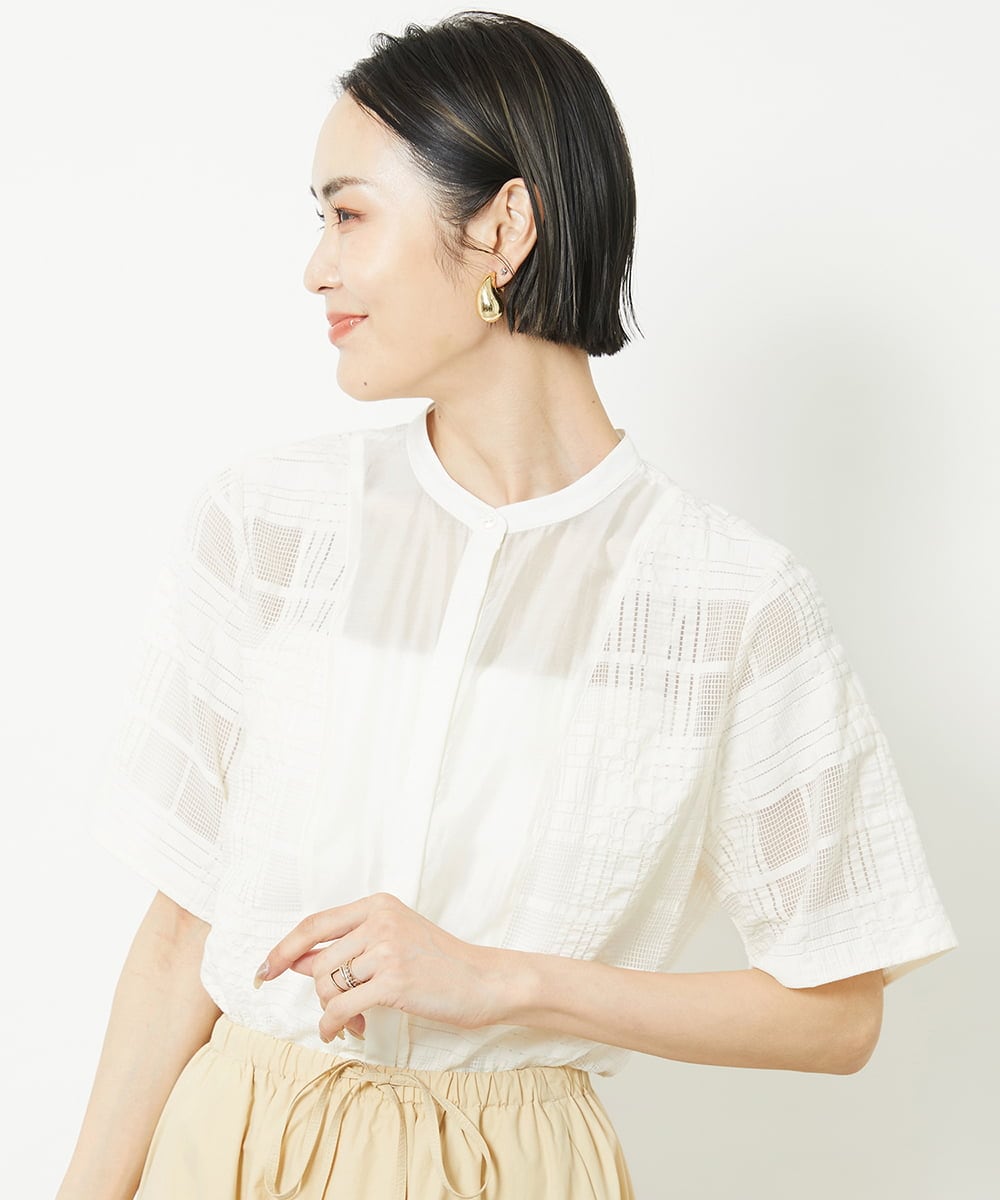 F6BHV51190 MICHEL KLEIN(小さいサイズ)(メゾン ドゥ サンク) [小さいサイズ]チェックジャカードレースブラウス(セットアップ対応) アイボリー(90)