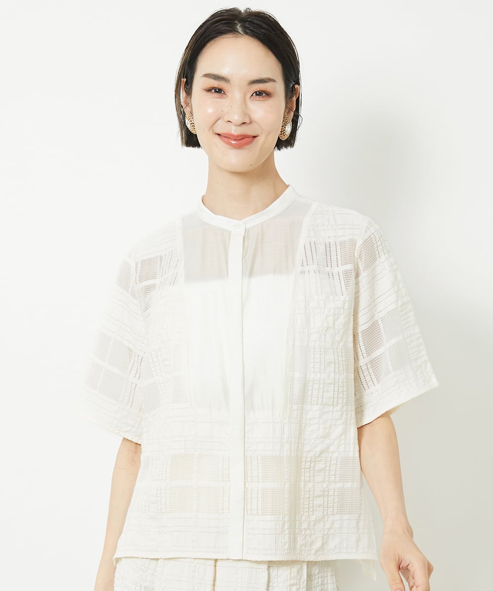 F6BHV51190 MICHEL KLEIN(小さいサイズ)(メゾン ドゥ サンク) [小さいサイズ]チェックジャカードレースブラウス(セットアップ対応) アイボリー(90)
