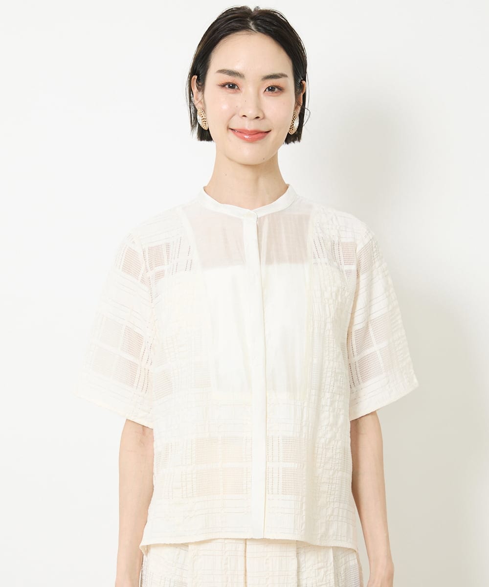 F6BHV51190 MICHEL KLEIN(小さいサイズ)(メゾン ドゥ サンク) [小さいサイズ]チェックジャカードレースブラウス(セットアップ対応) アイボリー(90)