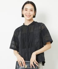 F6BHV51190 MICHEL KLEIN(小さいサイズ)(メゾン ドゥ サンク) [小さいサイズ]チェックジャカードレースブラウス(セットアップ対応) ブラック(94)