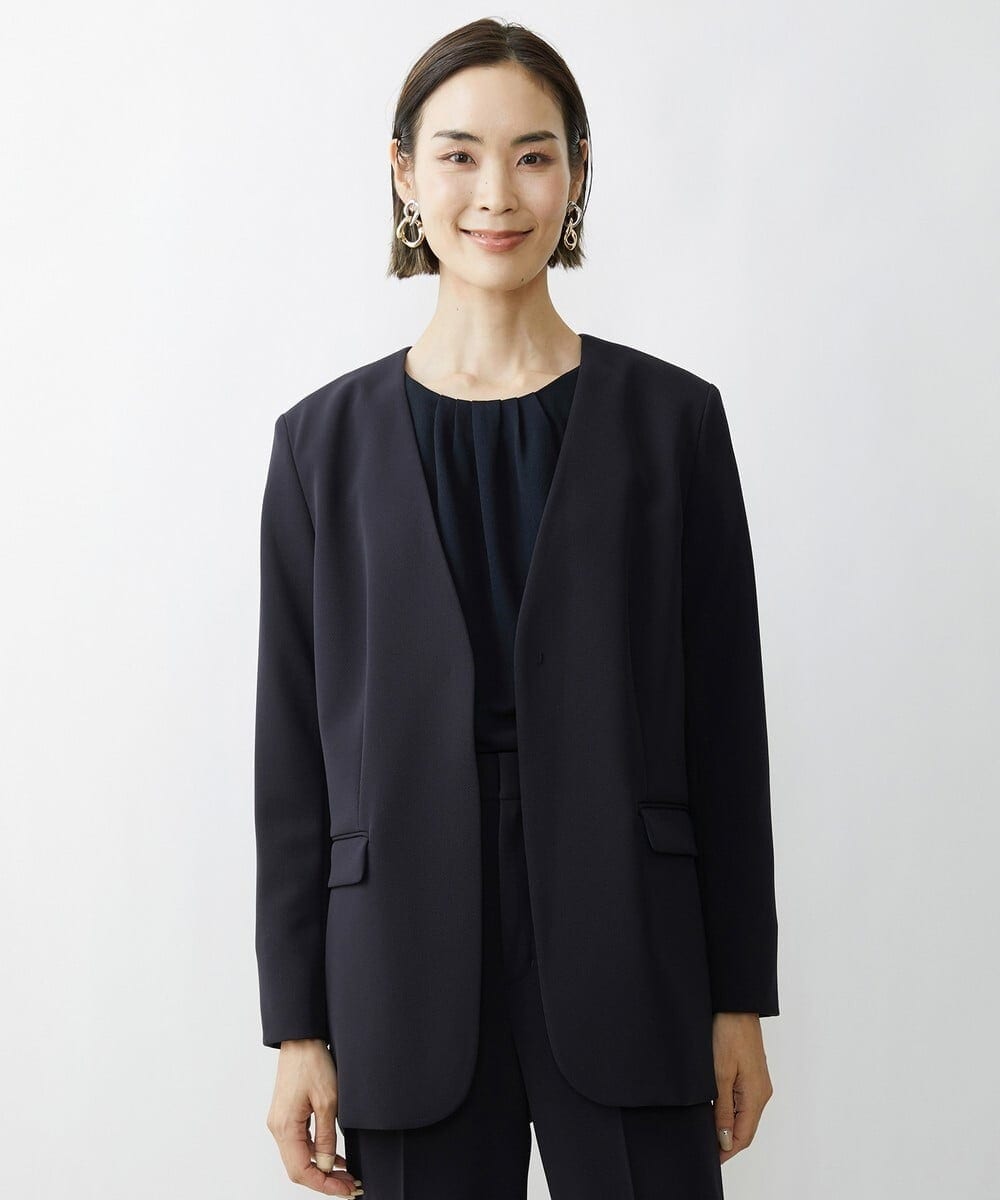 F6DAV35360 MICHEL KLEIN(小さいサイズ)(メゾン ドゥ サンク) [小さいサイズ]ストレッチツイルノーカラージャケット（総裏）/セットアップ対応 ネイビー(57)