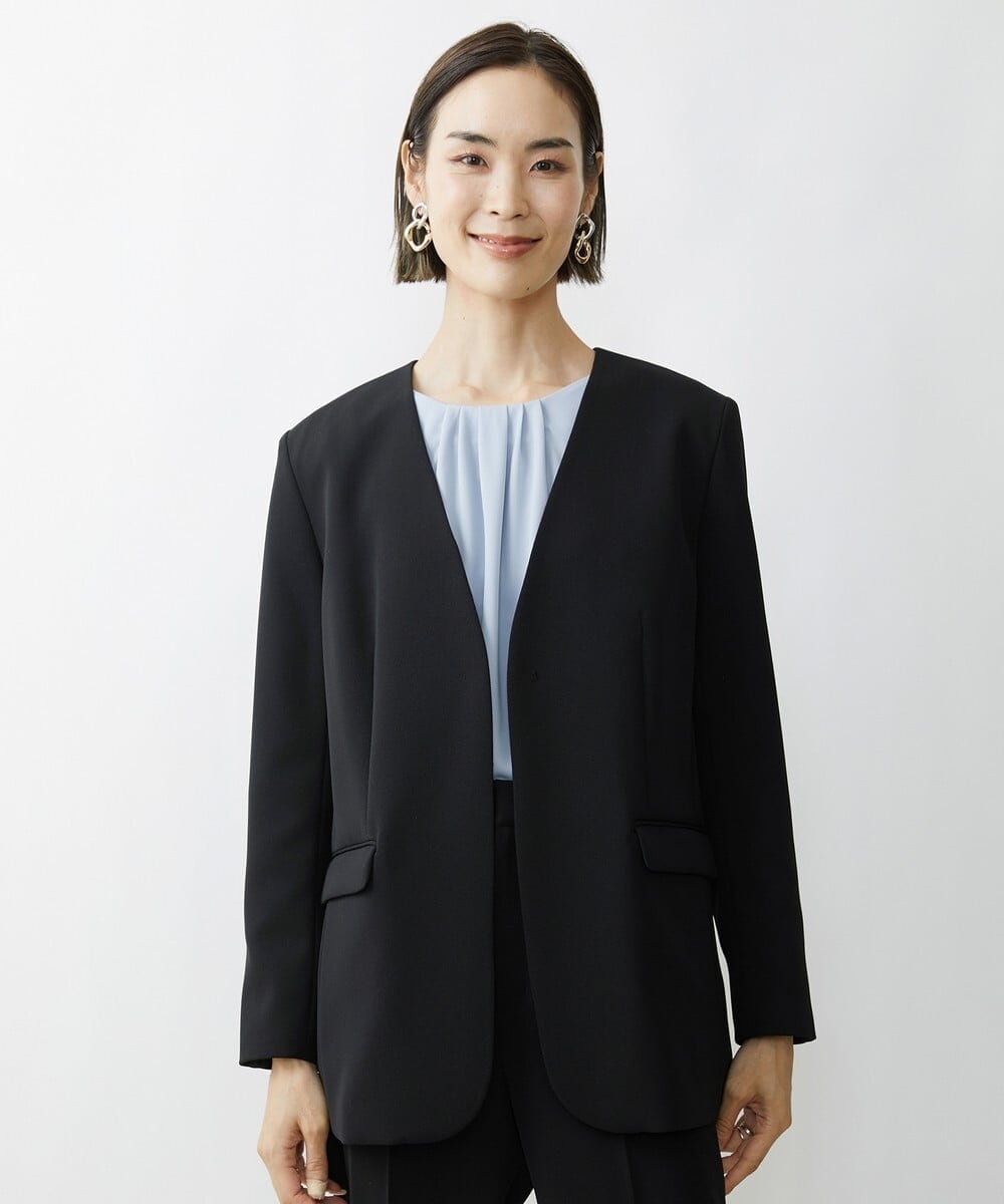 F6DAV35360 MICHEL KLEIN(小さいサイズ)(メゾン ドゥ サンク) [小さいサイズ]ストレッチツイルノーカラージャケット（総裏）/セットアップ対応 ネイビー(57)