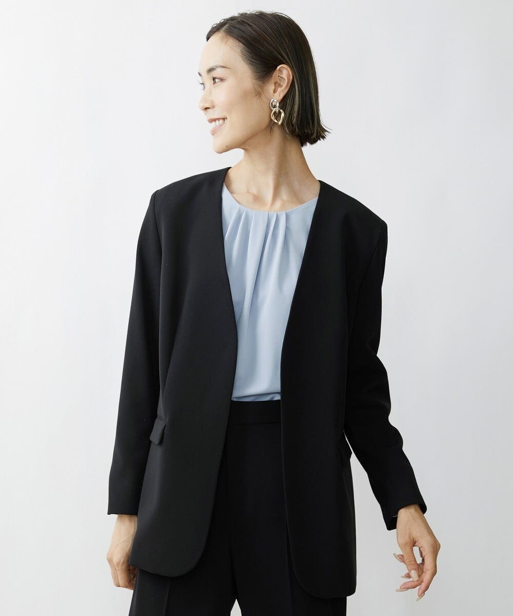 F6DAV35360 MICHEL KLEIN(小さいサイズ)(メゾン ドゥ サンク) [小さいサイズ]ストレッチツイルノーカラージャケット（総裏）/セットアップ対応 ネイビー(57)