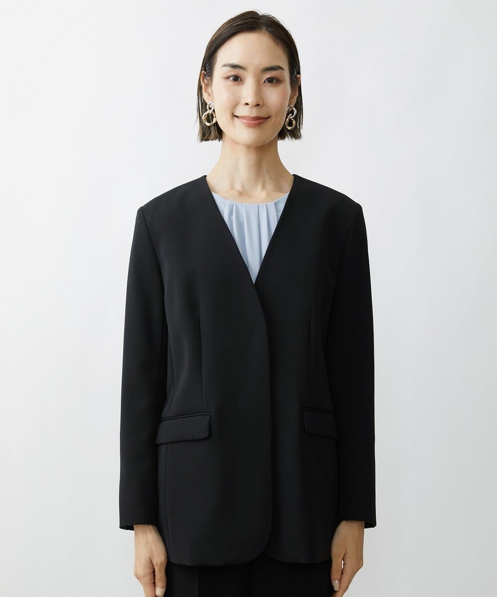 F6DAV35360 MICHEL KLEIN(小さいサイズ)(メゾン ドゥ サンク) [小さいサイズ]ストレッチツイルノーカラージャケット（総裏）/セットアップ対応 ネイビー(57)