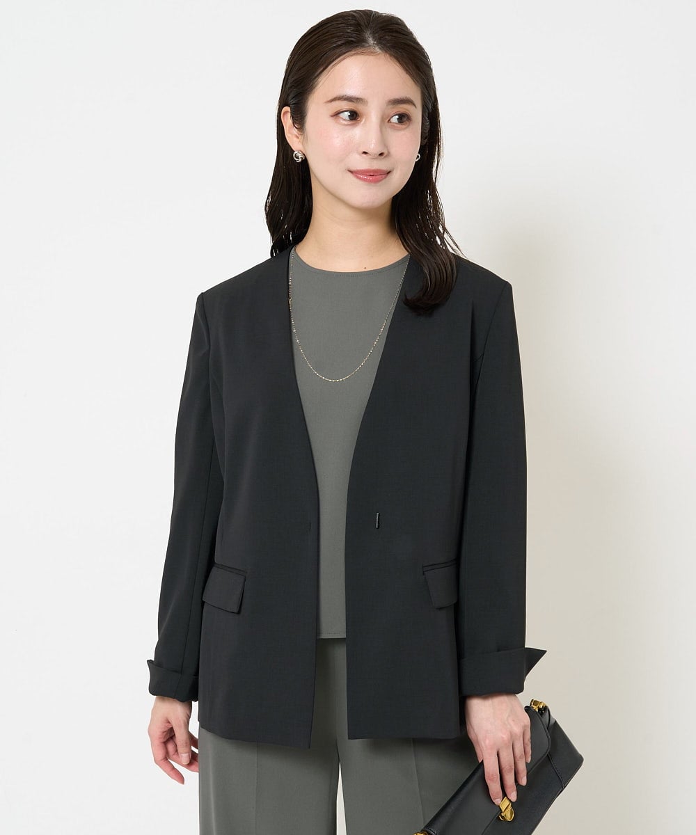 F6DDA04360 MICHEL KLEIN(小さいサイズ)(メゾン ドゥ サンク) [小さいサイズ]ツイルノーカラージャケット(多機能素材/セットアップ対応/洗える) ブラック