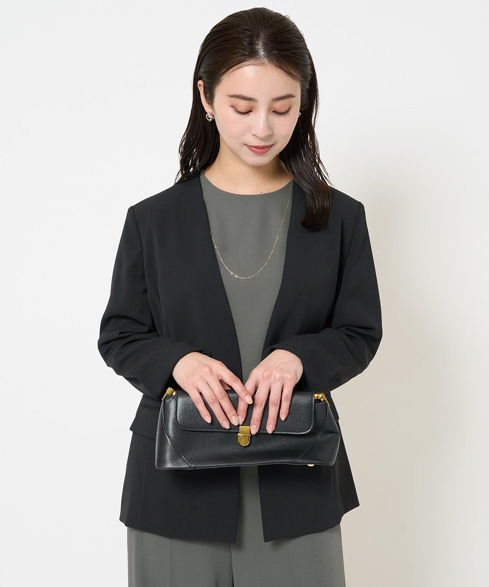 F6DDA04360 MICHEL KLEIN(小さいサイズ)(メゾン ドゥ サンク) [小さいサイズ]ツイルノーカラージャケット(多機能素材/セットアップ対応/洗える) ブラック