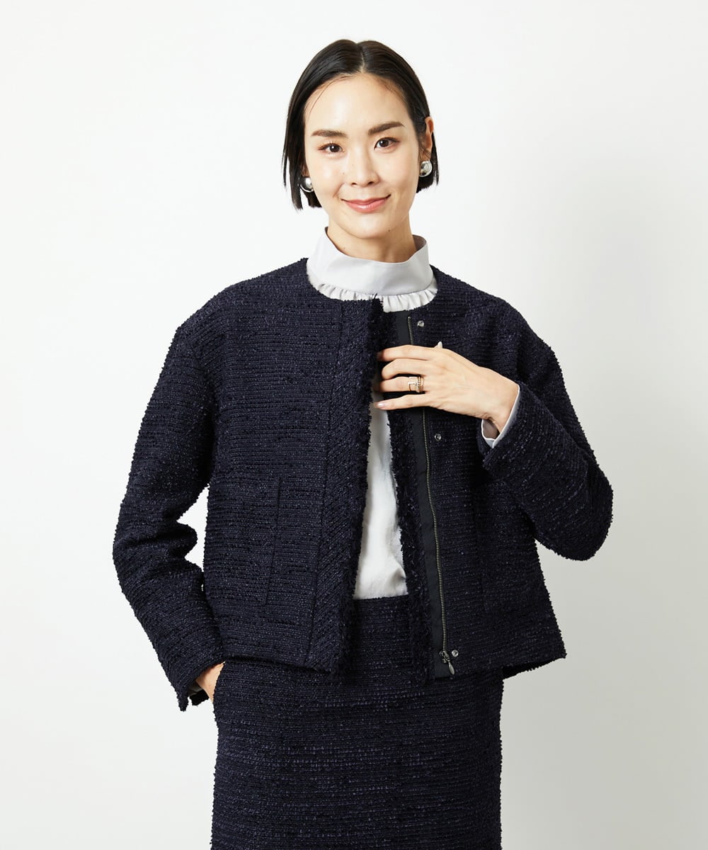 F6DDD02430 MICHEL KLEIN(小さいサイズ)(メゾン ドゥ サンク) [小さいサイズ]ファンシーツイードショートジャケット ネイビー