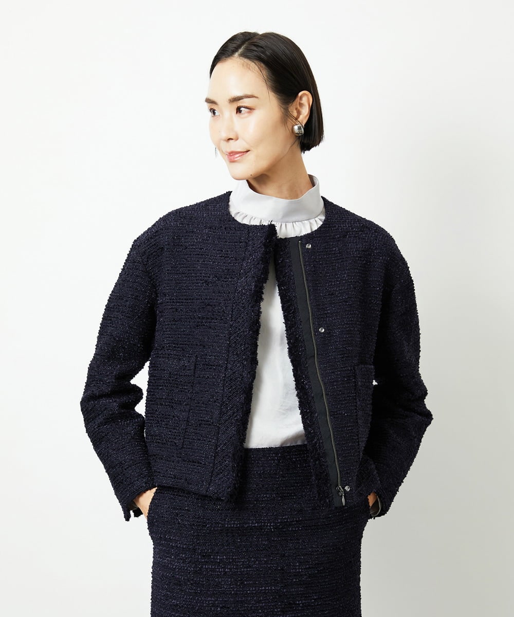 F6DDD02430 MICHEL KLEIN(小さいサイズ)(メゾン ドゥ サンク) [小さいサイズ]ファンシーツイードショートジャケット ネイビー