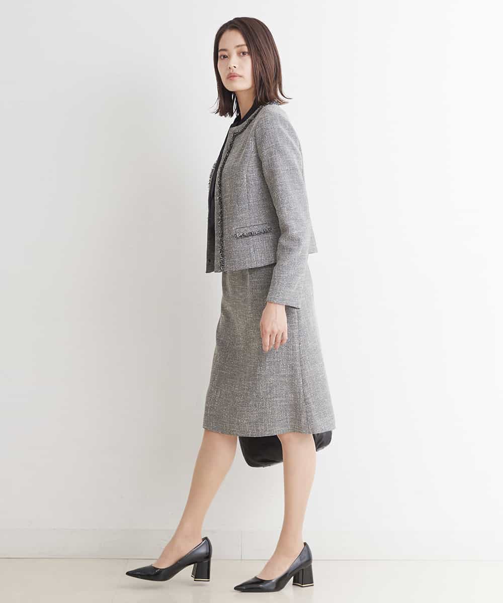 F6DDP05330 MICHEL KLEIN(小さいサイズ)(メゾン ドゥ サンク) 【セットアップ対応/洗える】ノーカラーツイードジャケット(小さいサイズ) ネイビー(57)