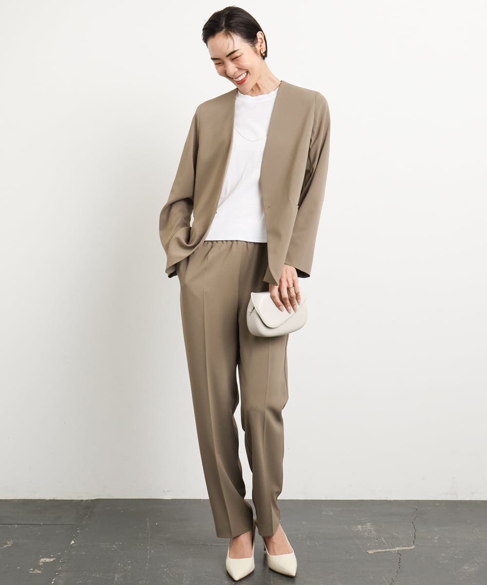 F6DGA12290 MICHEL KLEIN(小さいサイズ)(メゾン ドゥ サンク) [小さいサイズ]ノーカラージャケット(接触冷感/セットアップ対応) カーキ