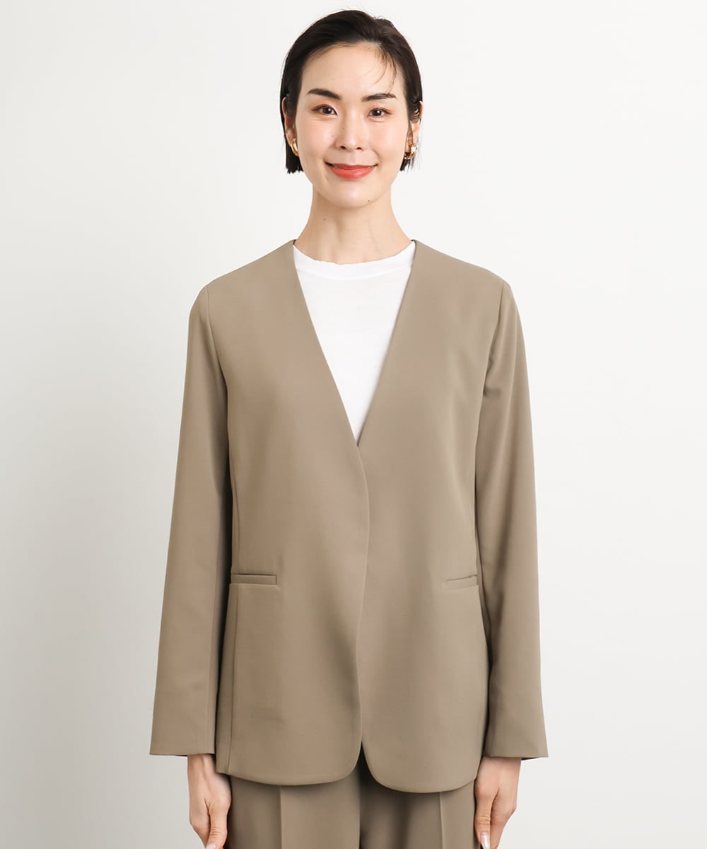 F6DGA12290 MICHEL KLEIN(小さいサイズ)(メゾン ドゥ サンク) [小さいサイズ]ノーカラージャケット(接触冷感/セットアップ対応) カーキ