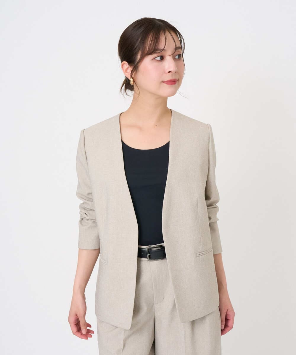 F6DGD05420 MICHEL KLEIN(小さいサイズ)(メゾン ドゥ サンク) [小さいサイズ][セットアップ対応]ツイードライク　ノーカラージャケット ベージュ