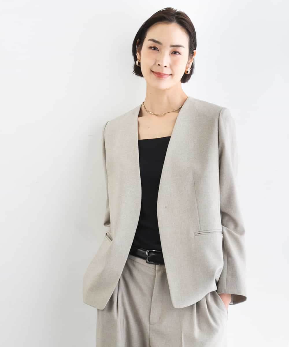 F6DGD05420 MICHEL KLEIN(小さいサイズ)(メゾン ドゥ サンク) [小さいサイズ][セットアップ対応]ツイードライク　ノーカラージャケット ベージュ