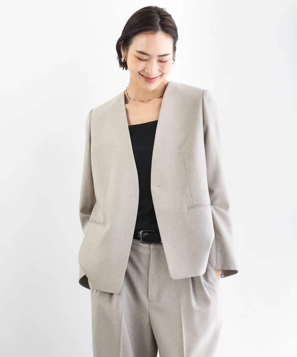 F6DGD05420 MICHEL KLEIN(小さいサイズ)(メゾン ドゥ サンク) [小さいサイズ][セットアップ対応]ツイードライク　ノーカラージャケット ベージュ