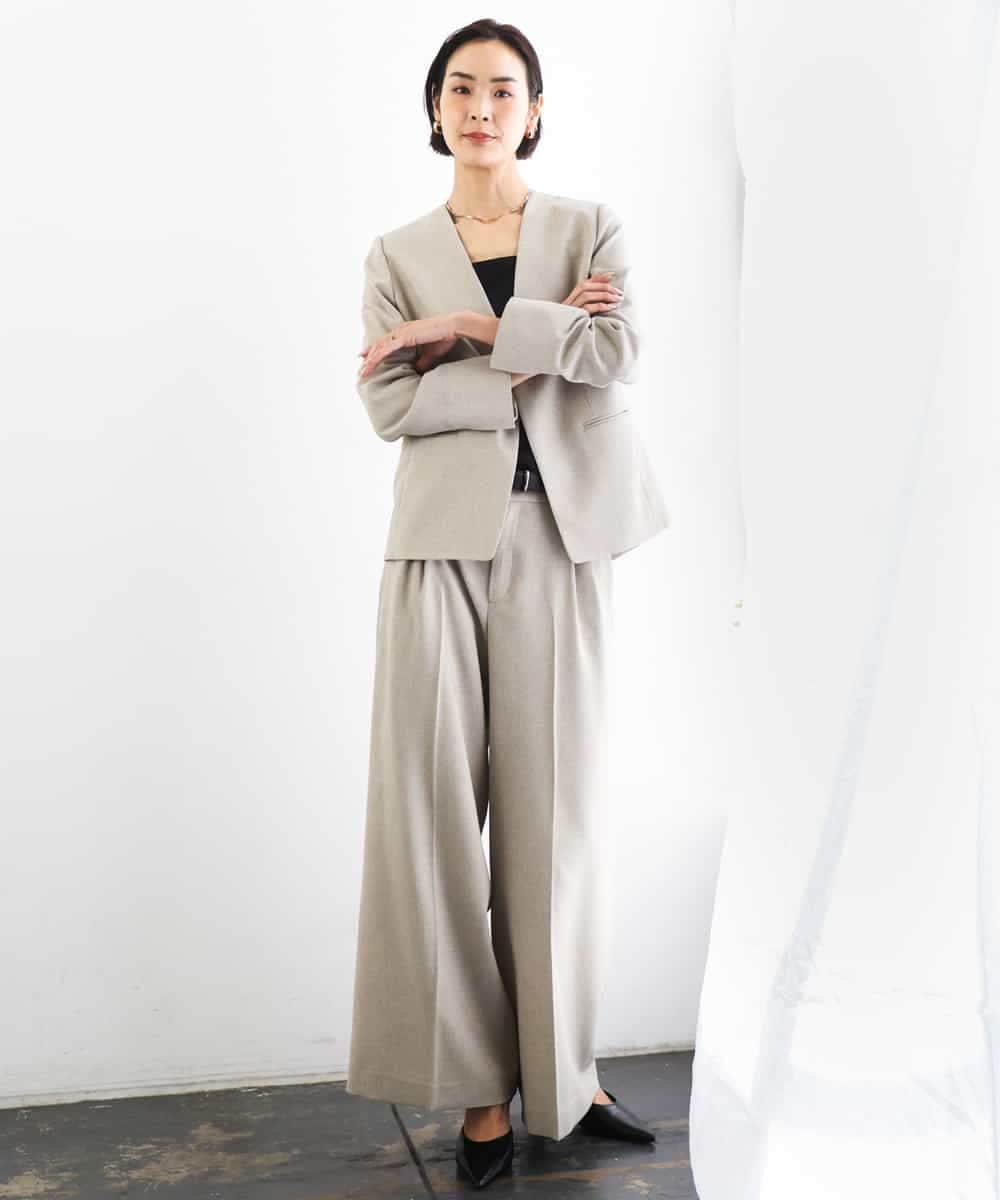 F6DGD05420 MICHEL KLEIN(小さいサイズ)(メゾン ドゥ サンク) [小さいサイズ][セットアップ対応]ツイードライク　ノーカラージャケット ベージュ