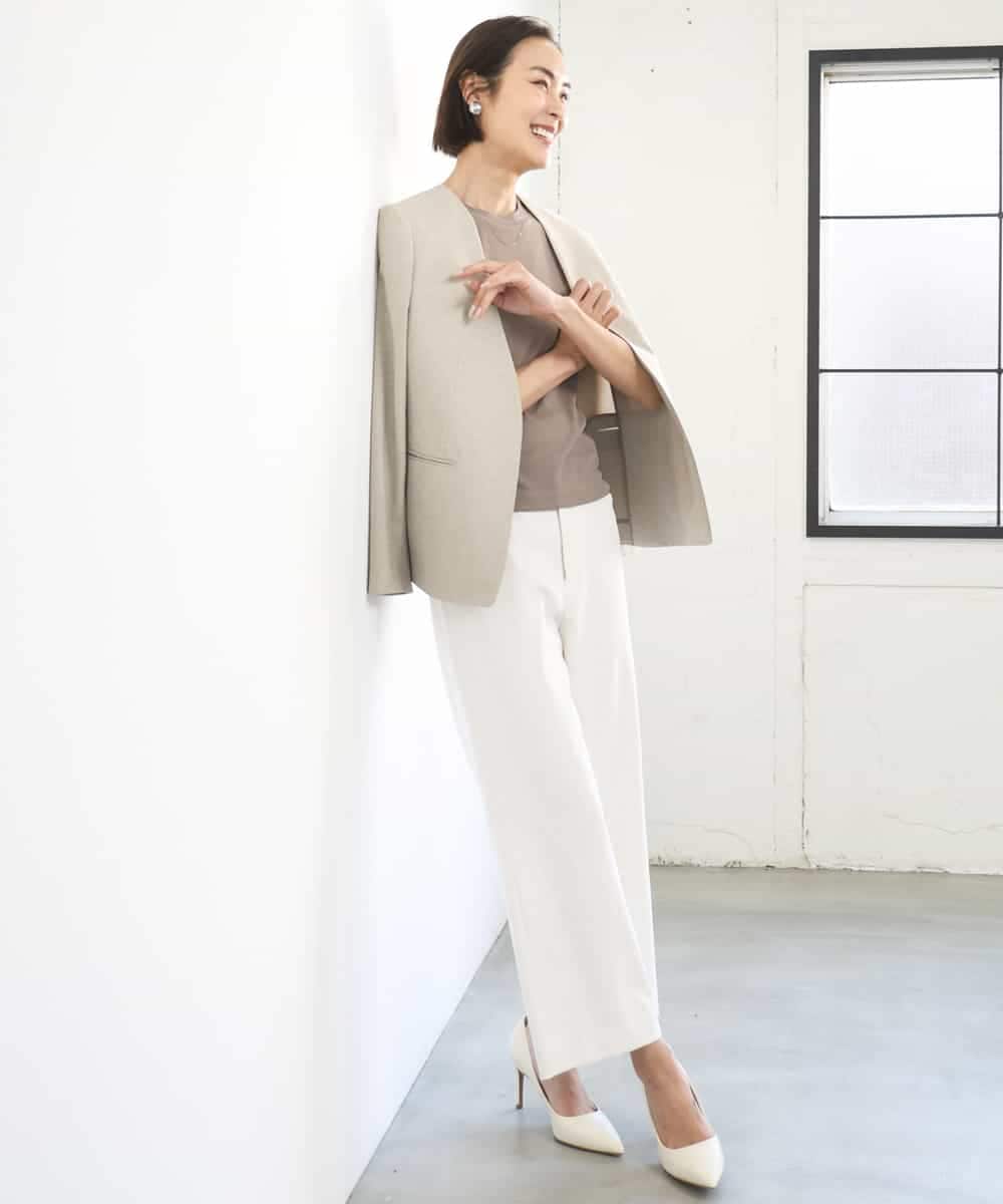 F6DGD05420 MICHEL KLEIN(小さいサイズ)(メゾン ドゥ サンク) [小さいサイズ][セットアップ対応]ツイードライク　ノーカラージャケット ベージュ