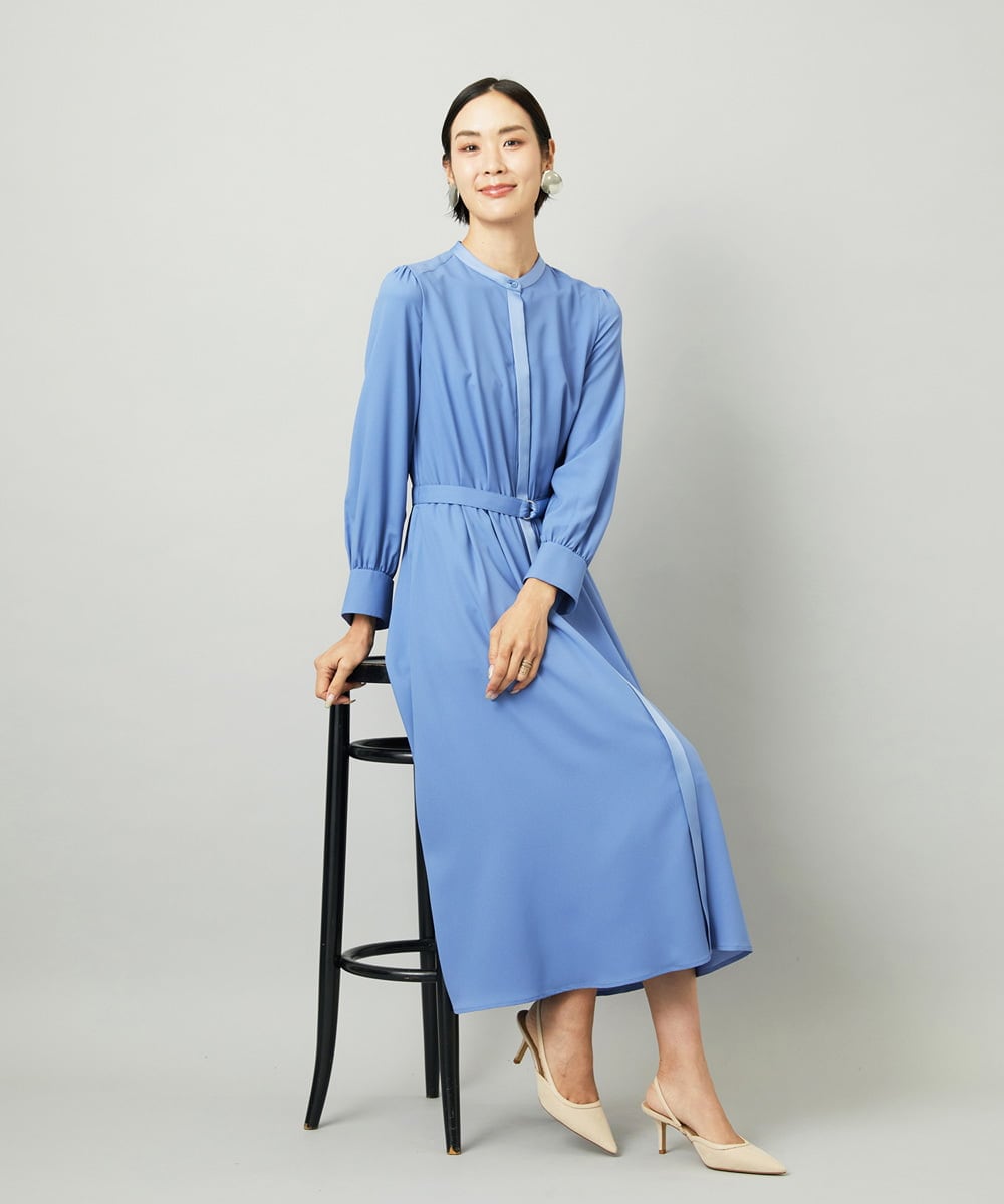 F6EAD05360 MICHEL KLEIN(小さいサイズ)(メゾン ドゥ サンク) [小さいサイズ]ノーカラーフレアーワンピース ブルー