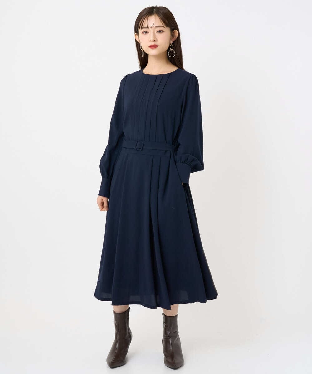 F6EAD06360 MICHEL KLEIN(小さいサイズ)(メゾン ドゥ サンク) [小さいサイズ]ノーカラープリーツワンピース ネイビー