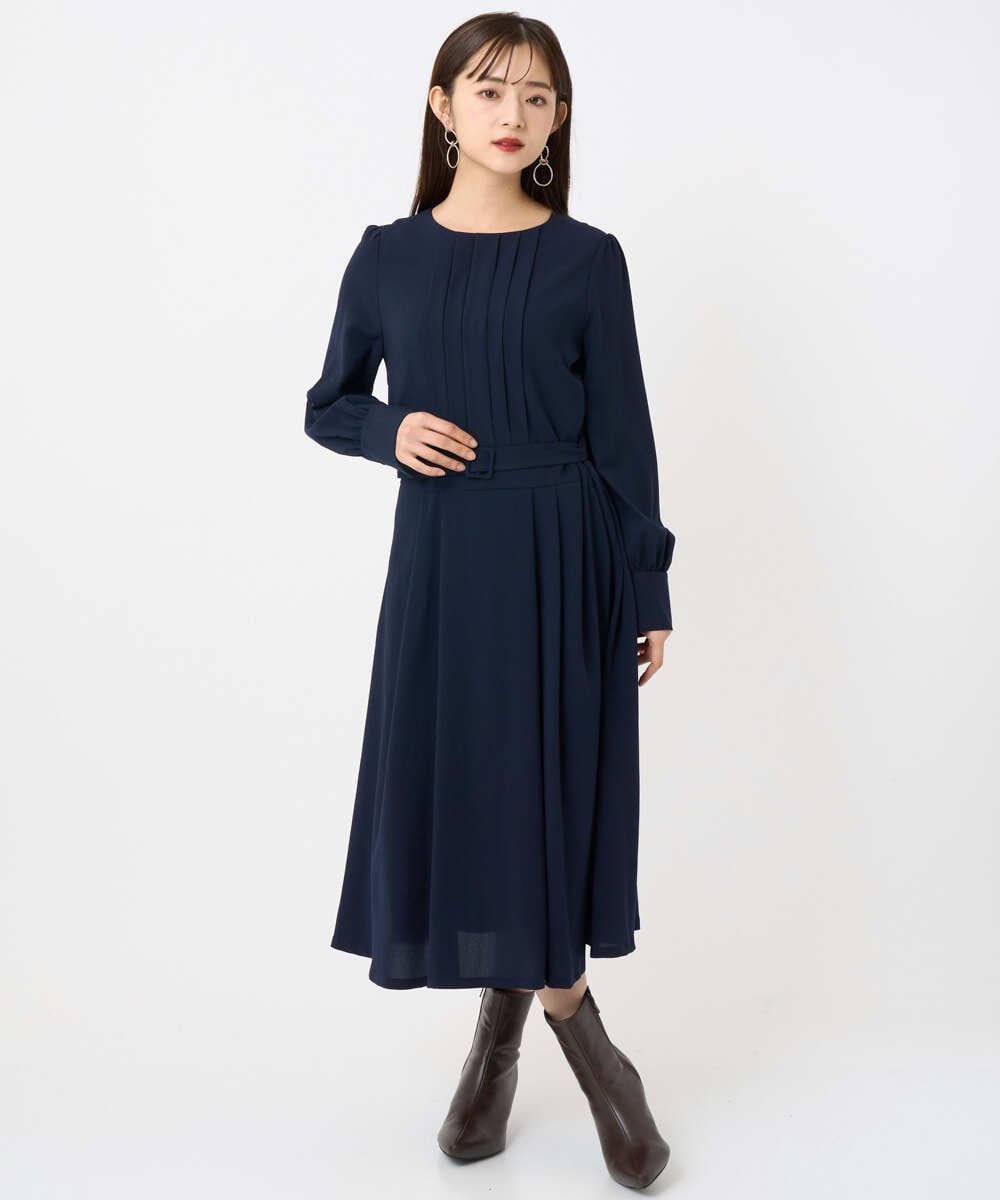 F6EAD06360 MICHEL KLEIN(小さいサイズ)(メゾン ドゥ サンク) [小さいサイズ]ノーカラープリーツワンピース ネイビー