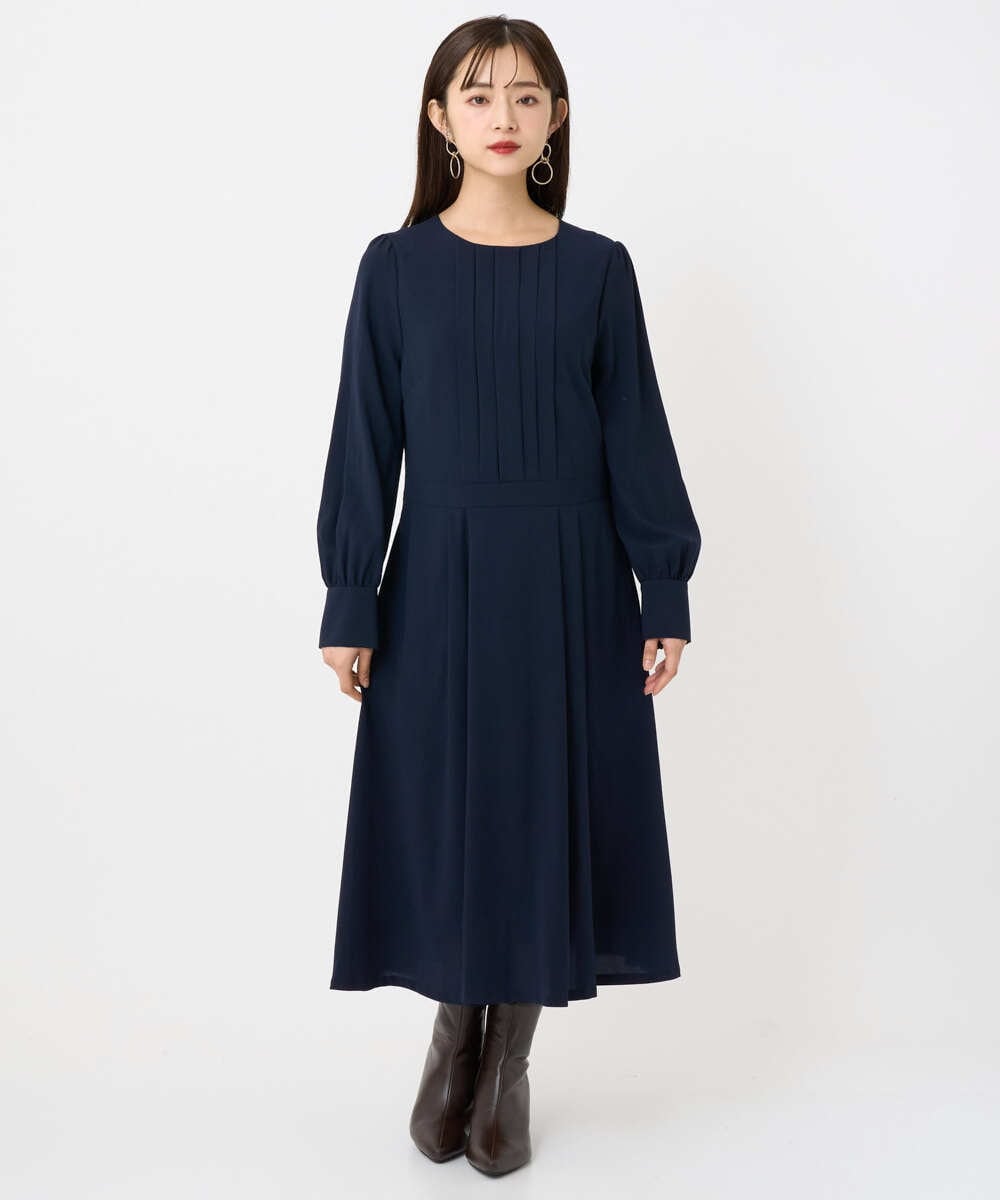 F6EAD06360 MICHEL KLEIN(小さいサイズ)(メゾン ドゥ サンク) [小さいサイズ]ノーカラープリーツワンピース ネイビー