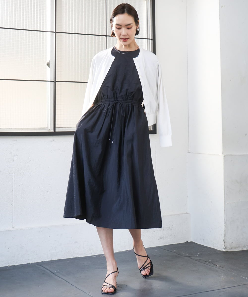 F6EGD07390 MICHEL KLEIN(小さいサイズ)(メゾン ドゥ サンク) [小さいサイズ]ナイロンクロス ギャザーワンピース ブラック