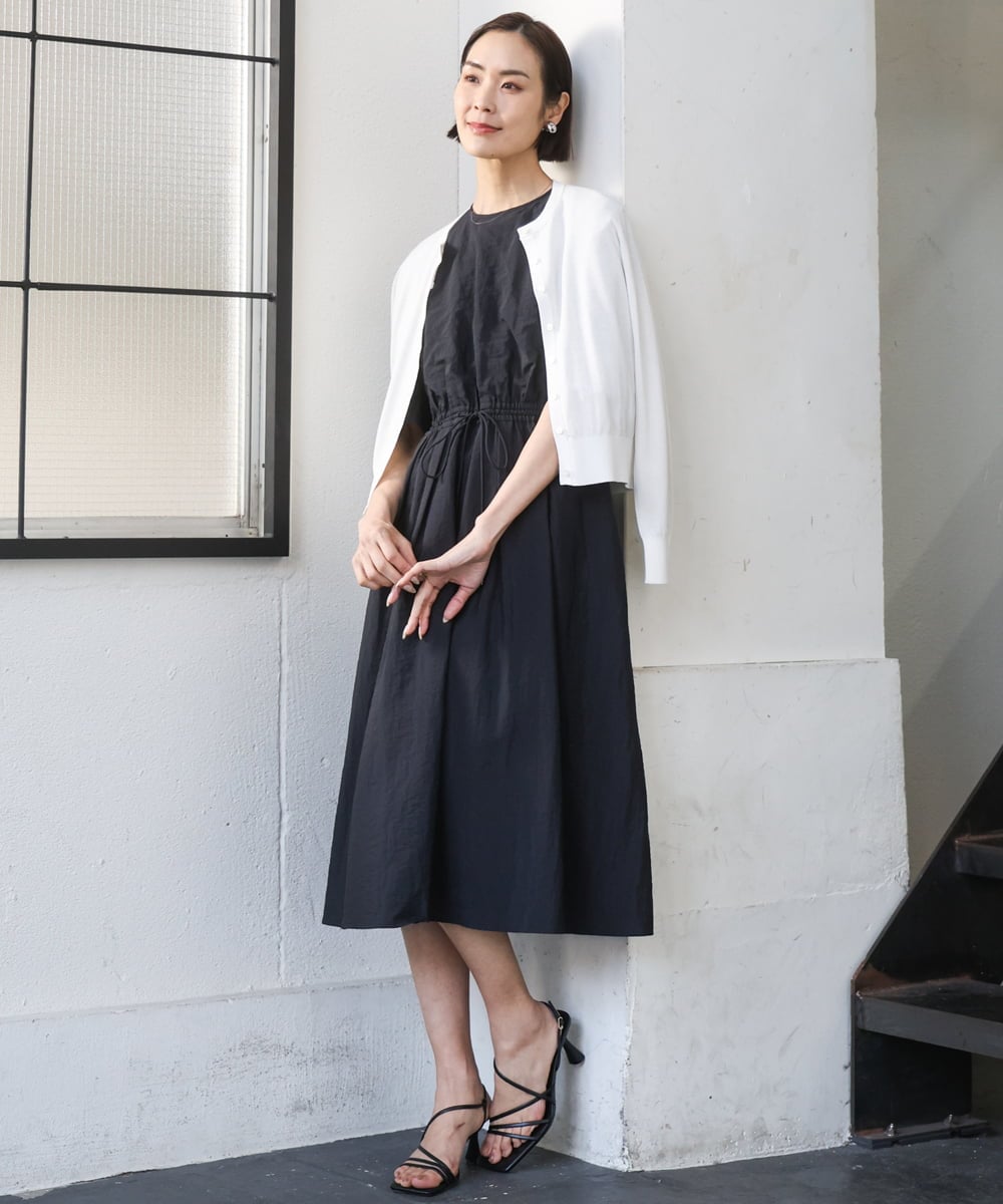 F6EGD07390 MICHEL KLEIN(小さいサイズ)(メゾン ドゥ サンク) [小さいサイズ]ナイロンクロス ギャザーワンピース ブラック