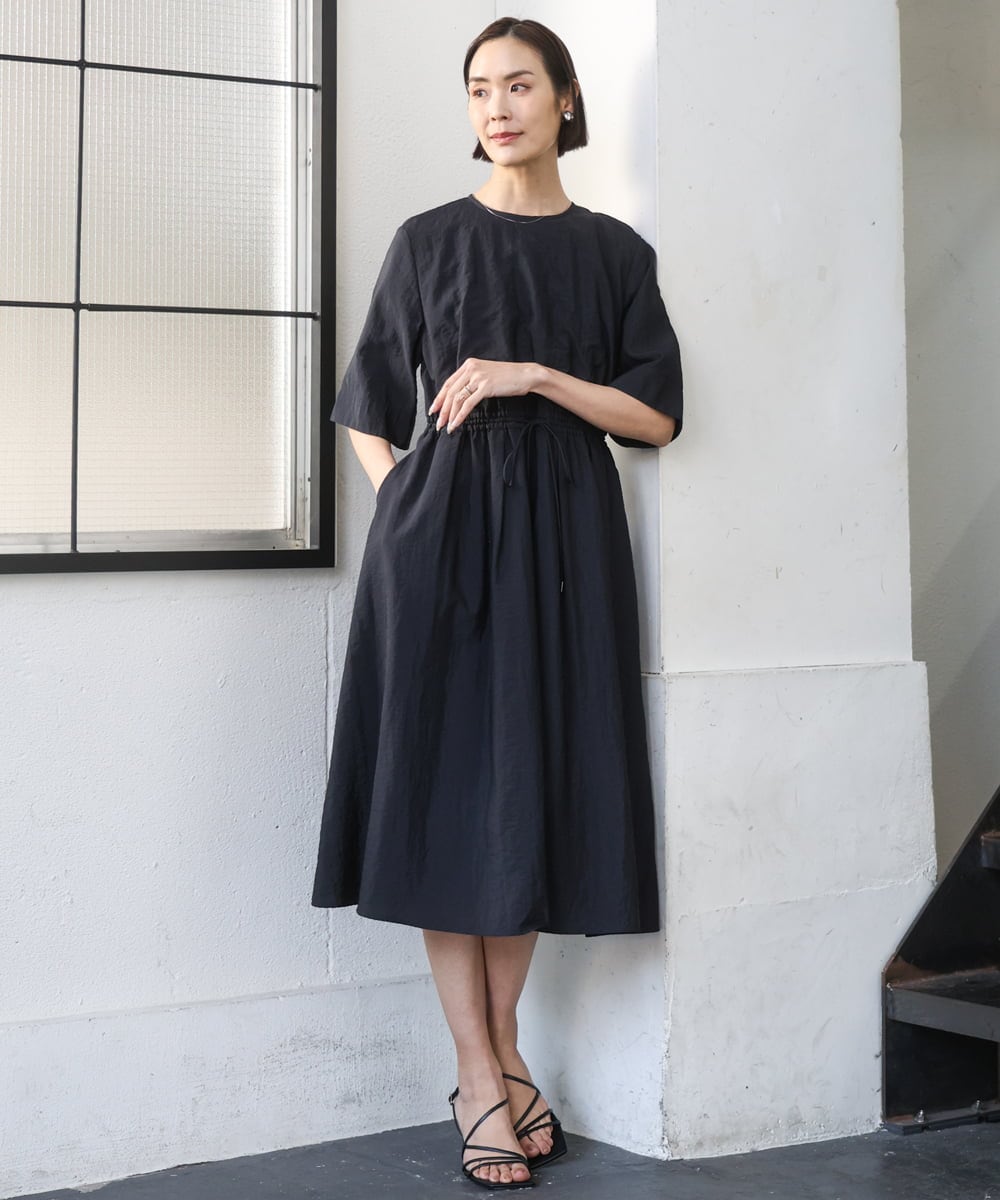 F6EGD07390 MICHEL KLEIN(小さいサイズ)(メゾン ドゥ サンク) [小さいサイズ]ナイロンクロス ギャザーワンピース ブラック