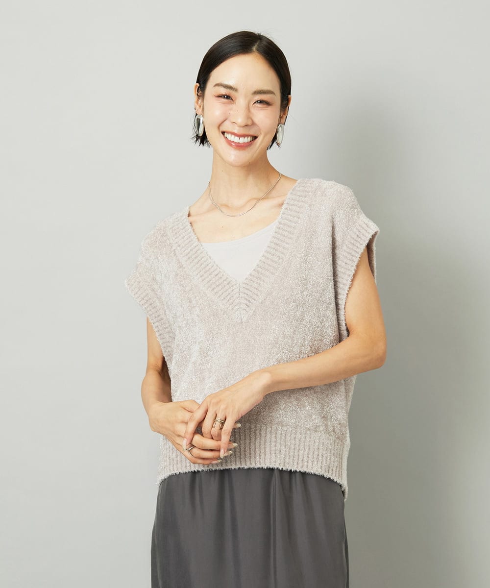 F6FAD16190 MICHEL KLEIN(小さいサイズ)(メゾン ドゥ サンク) [小さいサイズ]フェザータッチVネックベスト ブラウン