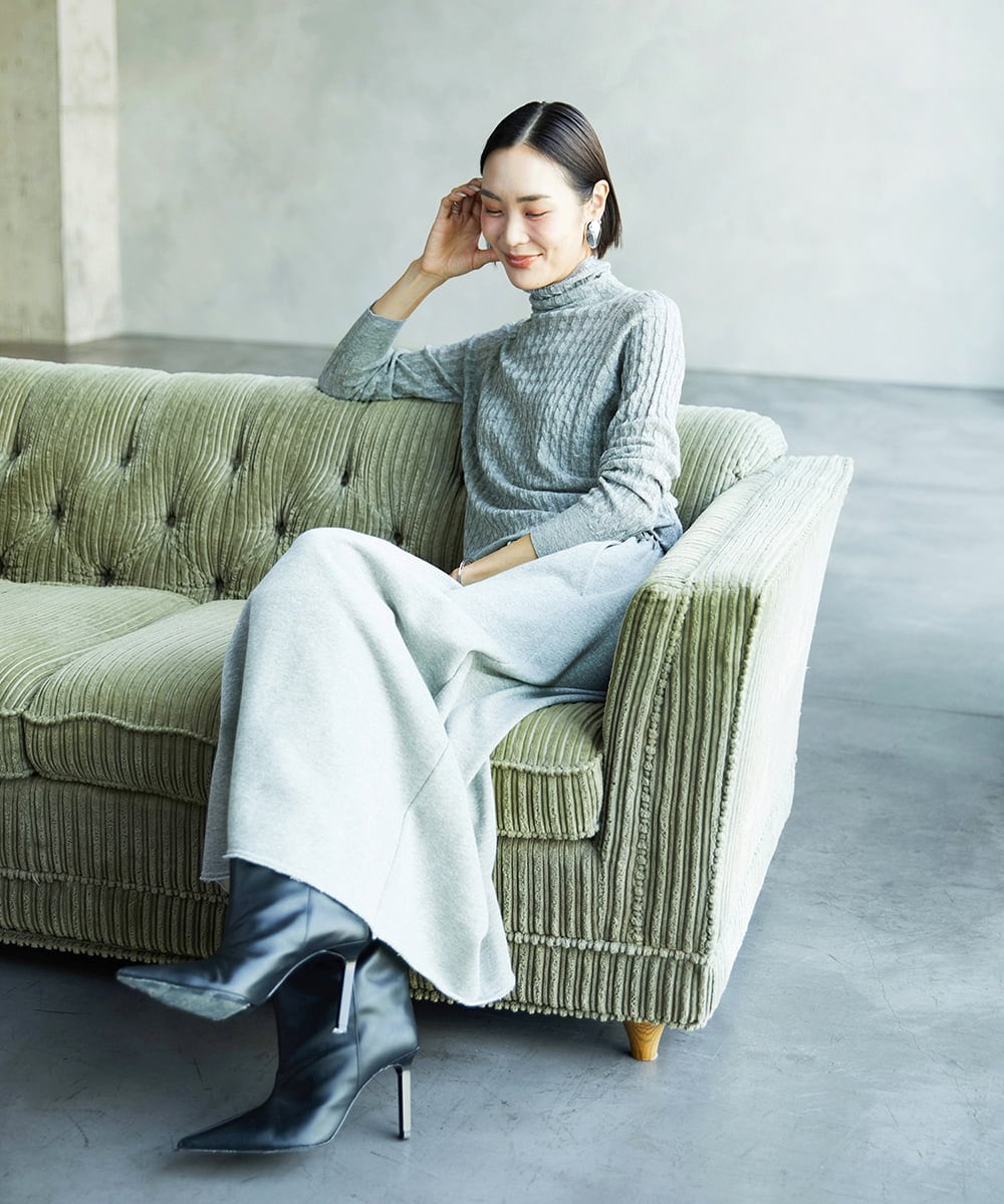 F6FAD20230 MICHEL KLEIN(小さいサイズ)(メゾン ドゥ サンク) [小さいサイズ]シアーケーブルハイネックニット ライトグレー